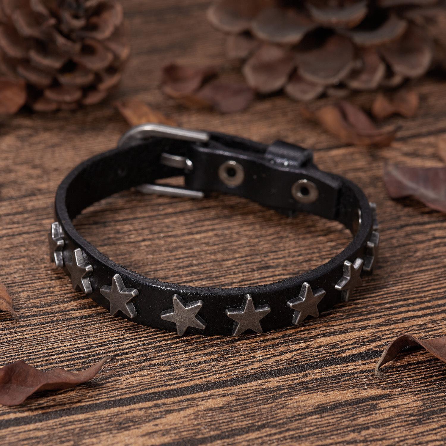 20g Weight Bangle Classification 1 Piece Quantity Daily, Street Occasion Pu Leather Material Star Pattern Men's Gender Punk, Simple Style Style Punk Simple Style Star Pu Leather Men's Bangle Men Cord & Leather Bracelets 4