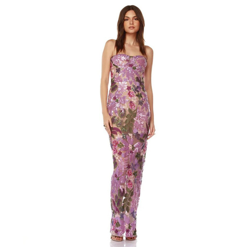 New High-Quality Fashionable Sexy Sequin Tube Top One-Shoulder Slim Embroidered Sequin Flower Dress Evening Dress New High-Quality Fashionable Sexy Sequin Tube Top One-Shoulder Slim Embroidered Sequin Flower Dress Evening Dress