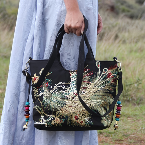 Women's Ethnic Style Crossbody Satchel Bag with Peacock Cross-border
