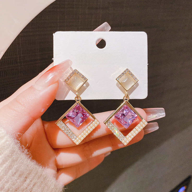 Fashionable blue geometric earrings with zircon