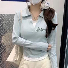 polo领长袖t恤女别致拼色印花秋季新款韩版修身假两件打底衫女ins