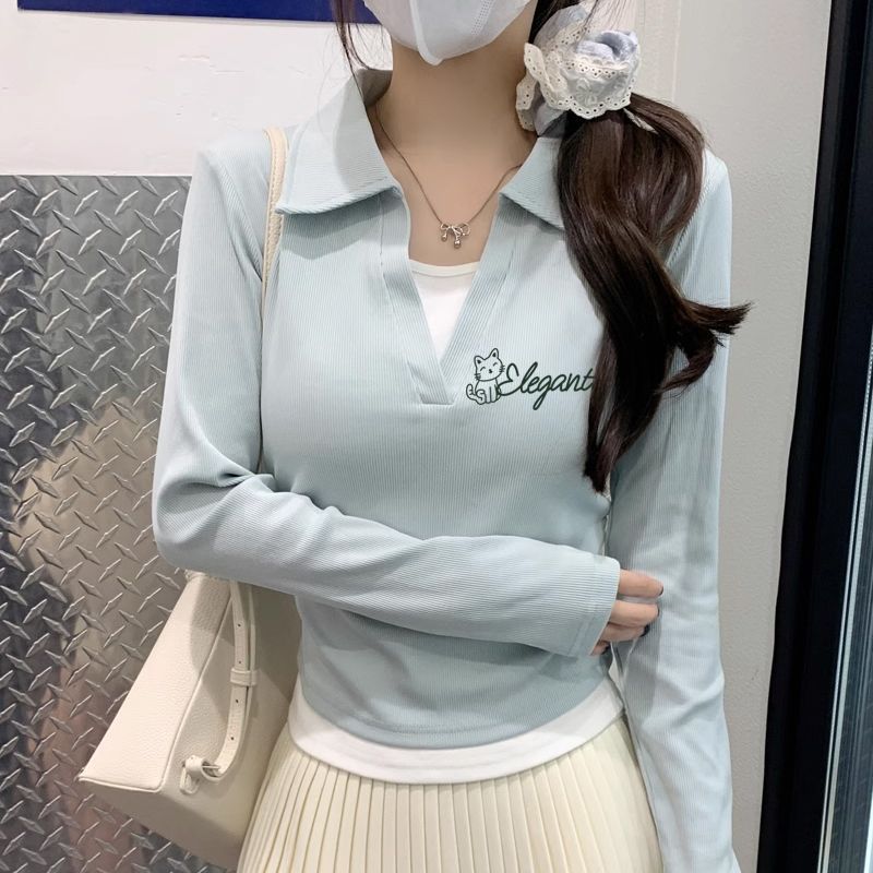 polo领长袖t恤女别致拼色印花秋季新款韩版修身假两件打底衫女ins|undefined