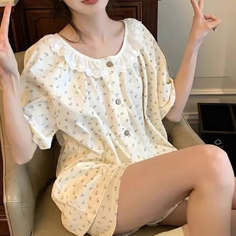 2024 Summer New Short-sleeved Shorts Pajamas Set Women's Lapel Women's Simple Outwear Home Clothes for Women