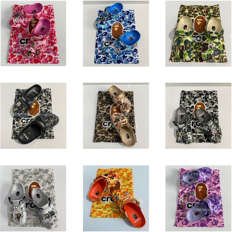 Bape Collaboration Camouflage Clogs with Logo, Unisex Casual Sandals with Non-Slip Soles, Beach Slippers