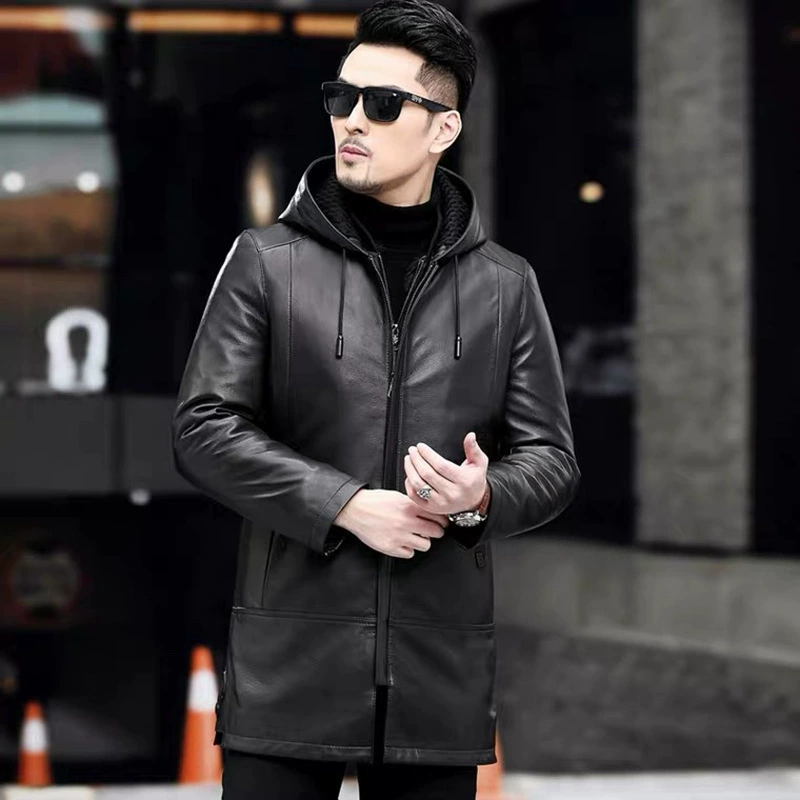 Long liner, coat with hood, genuine leather, mid-length