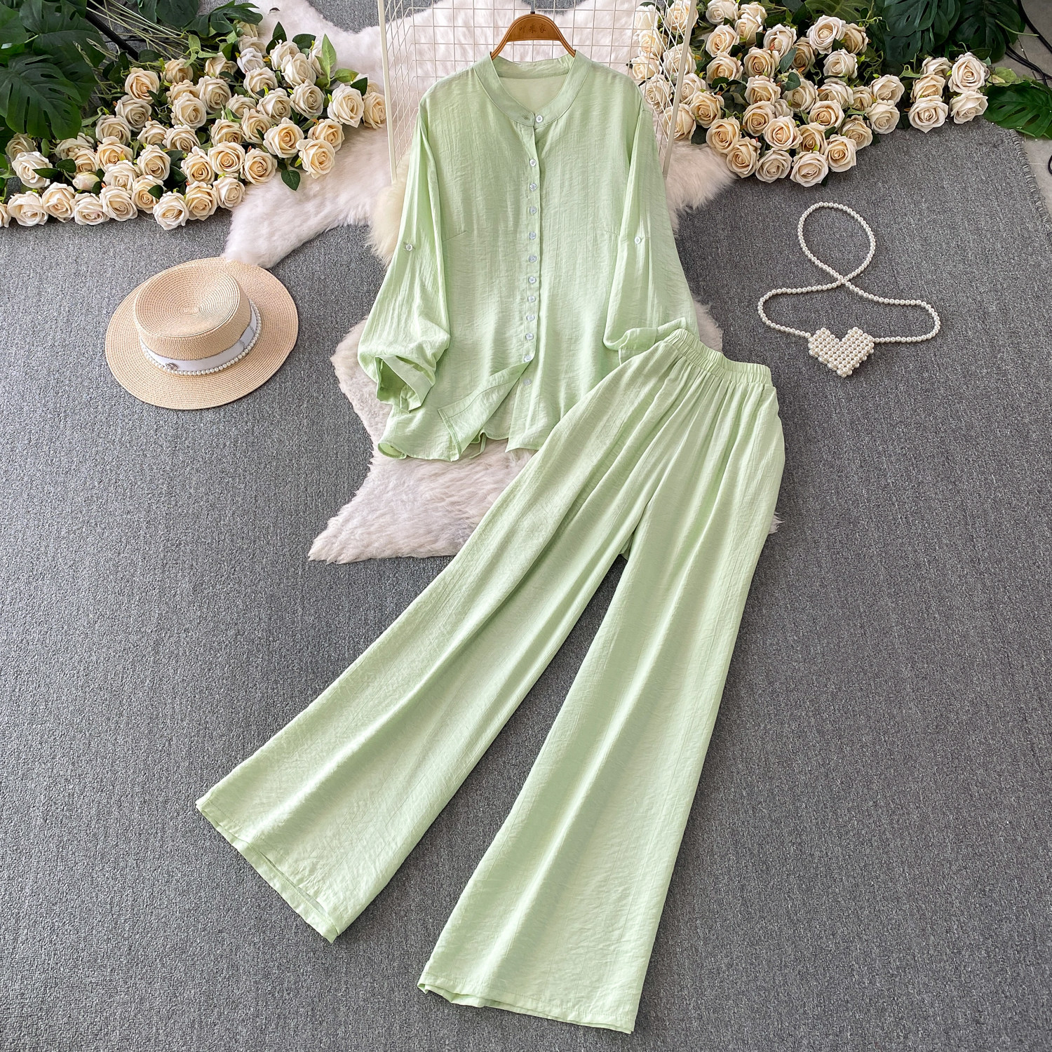 Mambo Mint Green Women's Clothing Set Refreshing Skin Friendly Breathable Loose Fitting Long Sleeved Shirt Jacket with High Waisted Wide Leg Pants_ecoleips.com