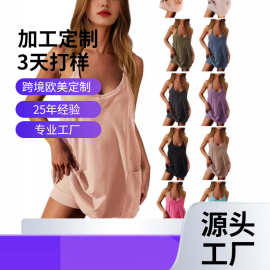 欧美女装2026春款独立站亚马逊纯色口袋吊带短款运动连衣裙