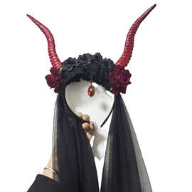 万圣节哥特羚羊角发箍圣诞节玫瑰红宝石吸血红色宝石玫瑰网纱头饰