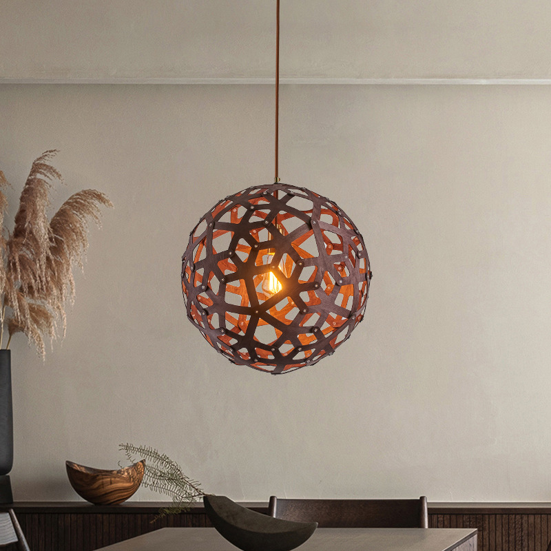 Araña de madera jaula de pájaros de estilo japonés lámpara de restaurante de madera maciza lámpara de escalera dúplex de nogal negro B & B Hotel olla caliente restaurante iluminación