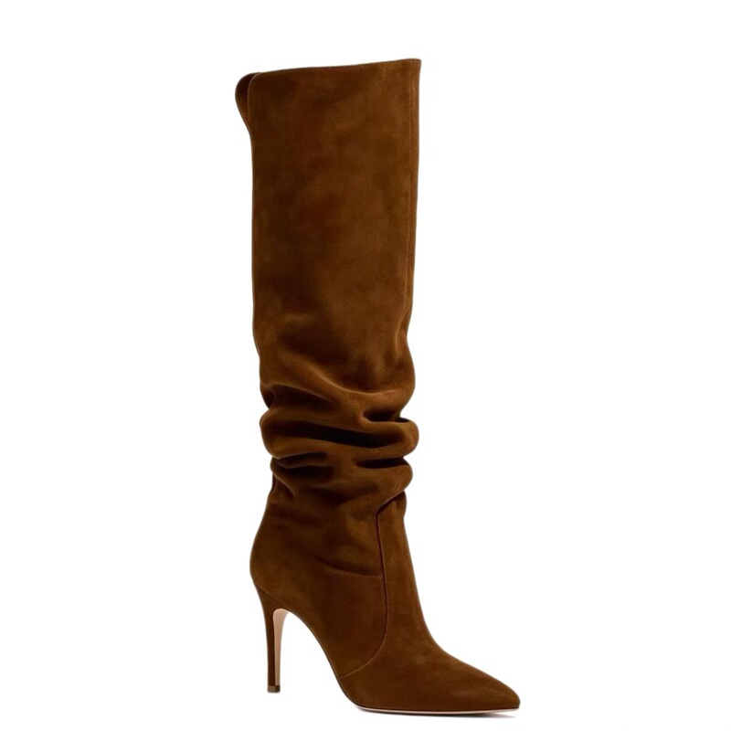 European and American foreign trade pointed-toe suede brown stiletto high-heeled fashionable knee-high women's boots with pleats, large size, foreign trade fashion European and American foreign trade pointed-toe suede brown stiletto high-heeled fashionable knee-high women's boots with pleats, large size, foreign trade fashion