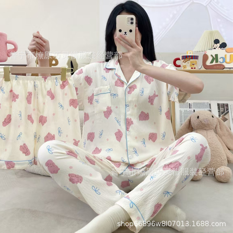 Pequeño pijama de corazón de melocotón para mujeres tres piezas de verano nubes de algodón se puede usar pantalones de manga corta para estudiantes de dibujos animados ropa para el hogar