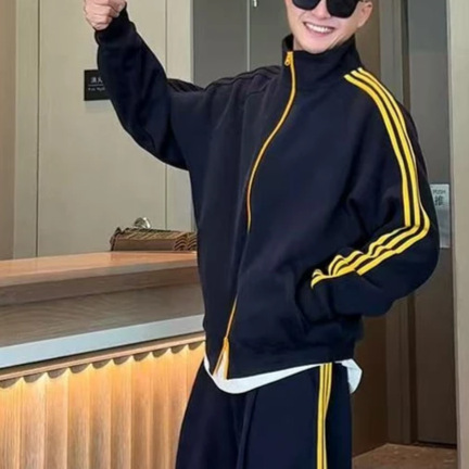 秋季新款美式撞色三条杠运动男卫衣休闲立领外套裤子潮流时尚套装|undefined