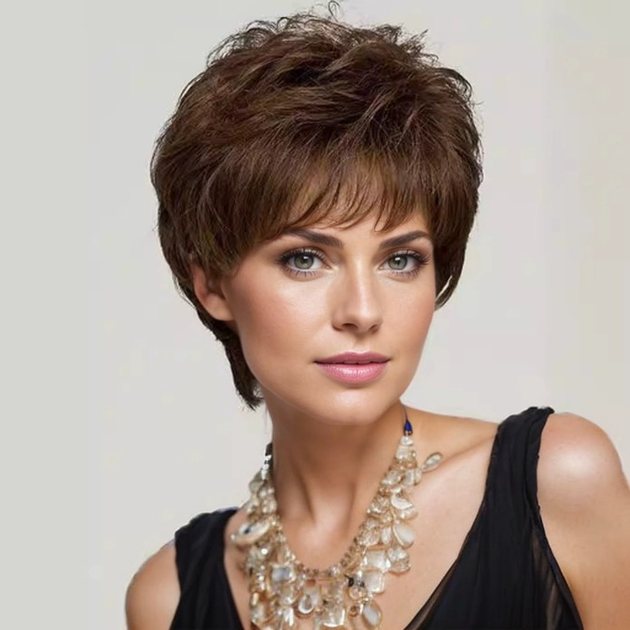 Foreign Trade Wig Inclined Bangs Middle-aged Mother's Headgear Women's Short Curly Hair Fluffy Wig Set Realistic Natural Short Hair Foreign Trade Wig Inclined Bangs Middle-aged Mother's Headgear Women's Short Curly Hair Fluffy Wig Set Realistic Natural Short Hair