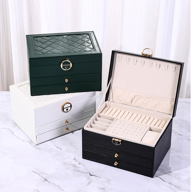 Diamond-Shaped Large Three-Layer Lockable High-End Jewelry Box Desktop Storage Double Drawer Earring Board Watch Pillow Cross-Border