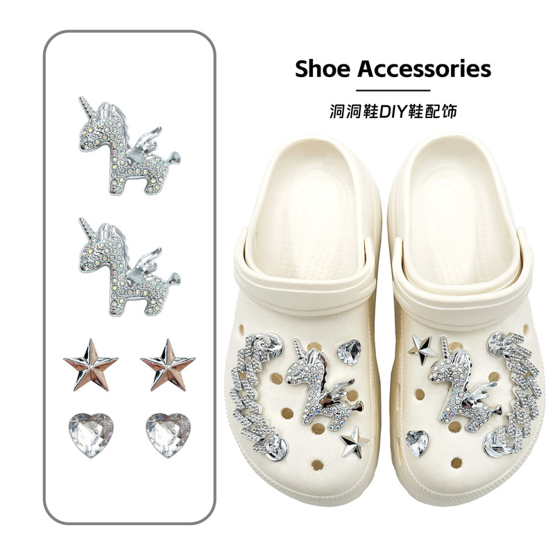 26 New Models of Cross-Border Clogs Accessories, Silver Unicorn Diamond-Shaped Chain Clog DIY Accessories Shoe Charms