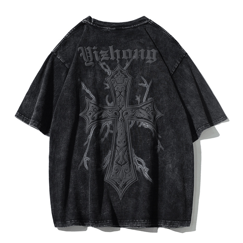 Nueva High Street Inglés de espuma impresa de manga corta Camiseta de los hombres y las mujeres de la marca de moda 270g de algodón suelto lavado apenado superior