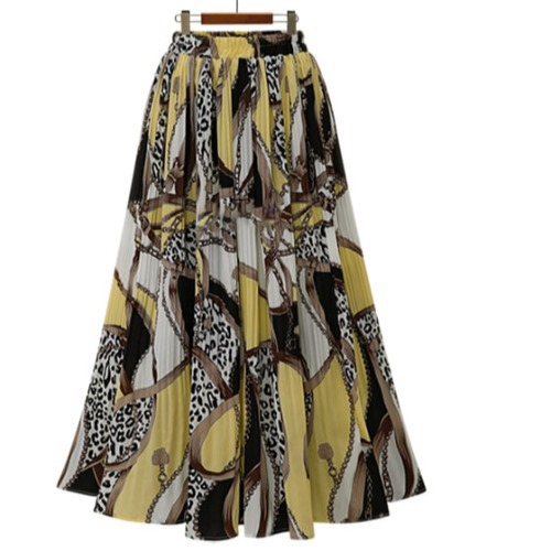 Ropa de mujer 8191# Falda plisada de gasa de talla grande para mujer, nueva falda de cintura alta, estampada, mediana y larga, con vuelo grande, para primavera y verano_voghion.com