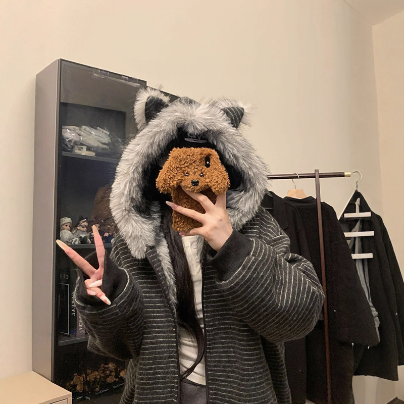American Bear Ears Stripesd Fur Collar Hooded Quilted Sweatshirt Jacket 2025 Winter New Women's Zipper Cardigan Top