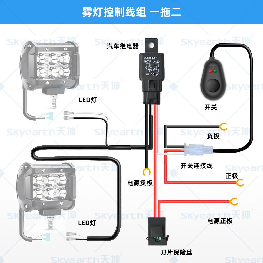 Tiankun fábrica fuera de la carretera tira grupo de línea de luz un arrastre dos LED luz de trabajo interruptor de la luz de niebla arnés de cableado transfronterizo Venta caliente