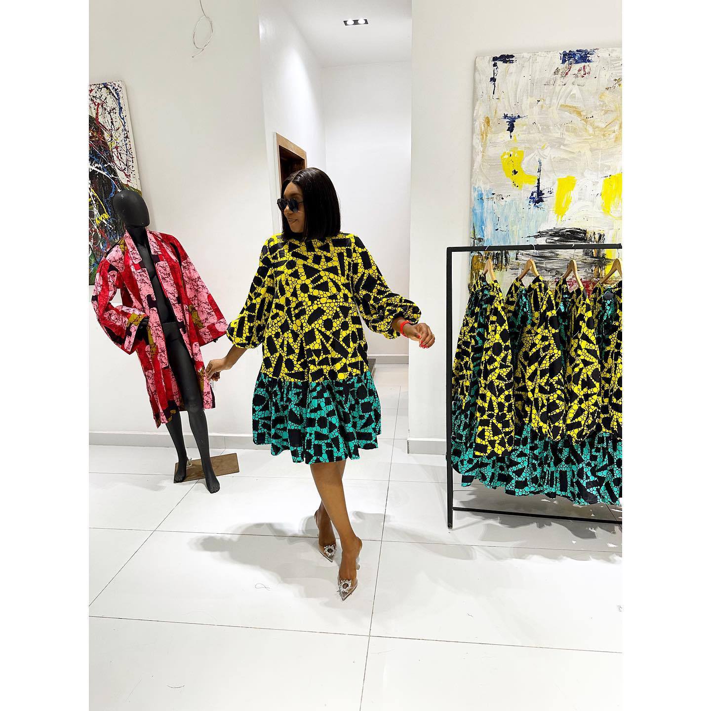 Printed Lace up Lantern Sleeve Loose Large Round Neck Dress