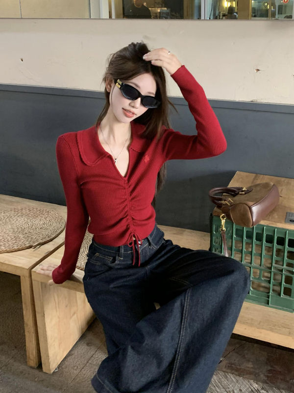 红色半开领抽绳针织衫女秋季短款设计感小众外穿修身显瘦毛衣上衣|undefined