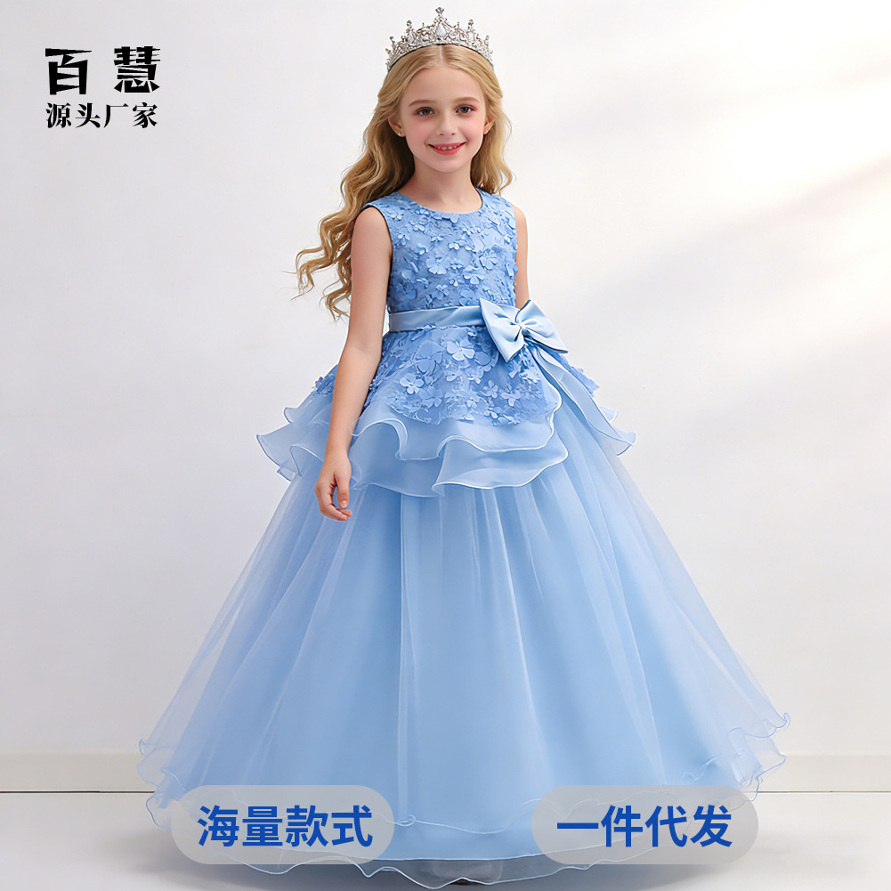 Amazon popular de las niñas princesa vestido de los niños vestido de novia pettiskirt niña de las flores bordado vestido de rendimiento Falda larga