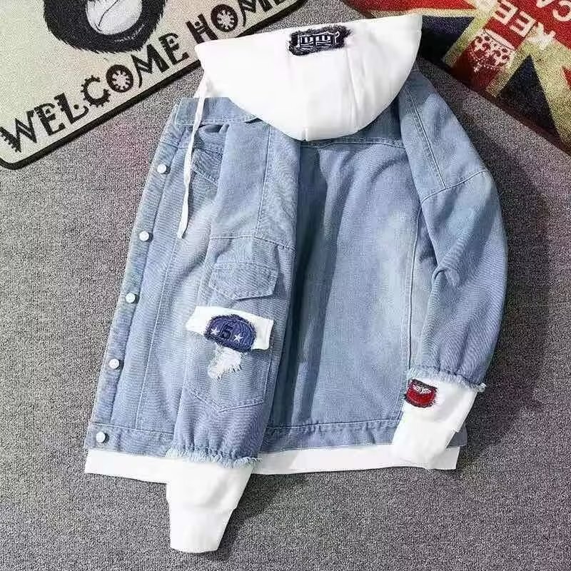 Hooded Denim coat men's 2023 autumn and winter New loose BF style retro jacket student salt style fried street clothes fashion
