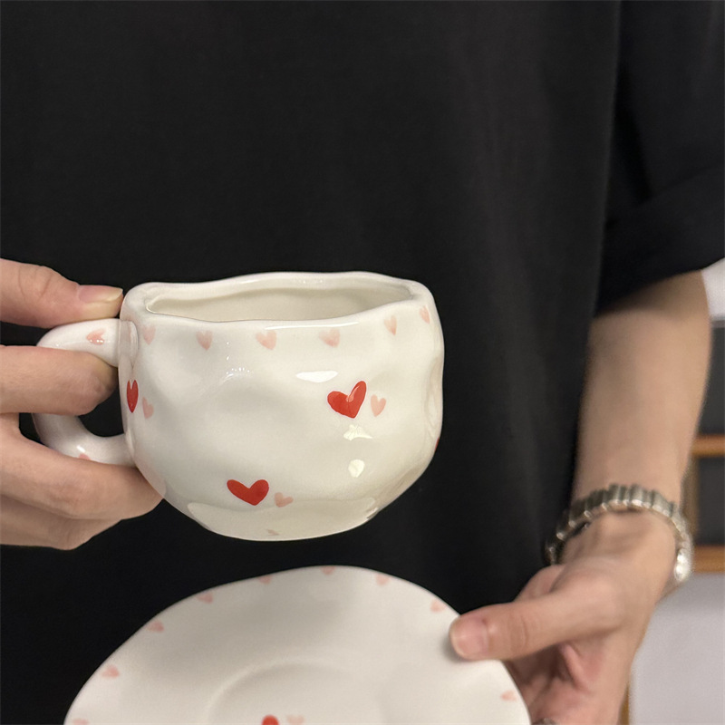 Tazas y platos de cerámica de flores retro de estilo coreano, tazas y platos de café irregular pellizcado a mano, tazas y platos de té de la tarde