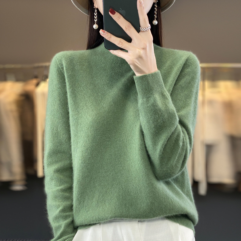[Compra exclusiva] medio cuello alto sin costuras 100 suéter de lana de primera línea de las mujeres listo para usar camisa de fondo Jersey suéter de cachemira