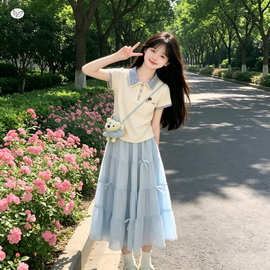 女童夏季套装2026新款儿童学院POLO衫蛋糕裙中大童休闲时髦两件套