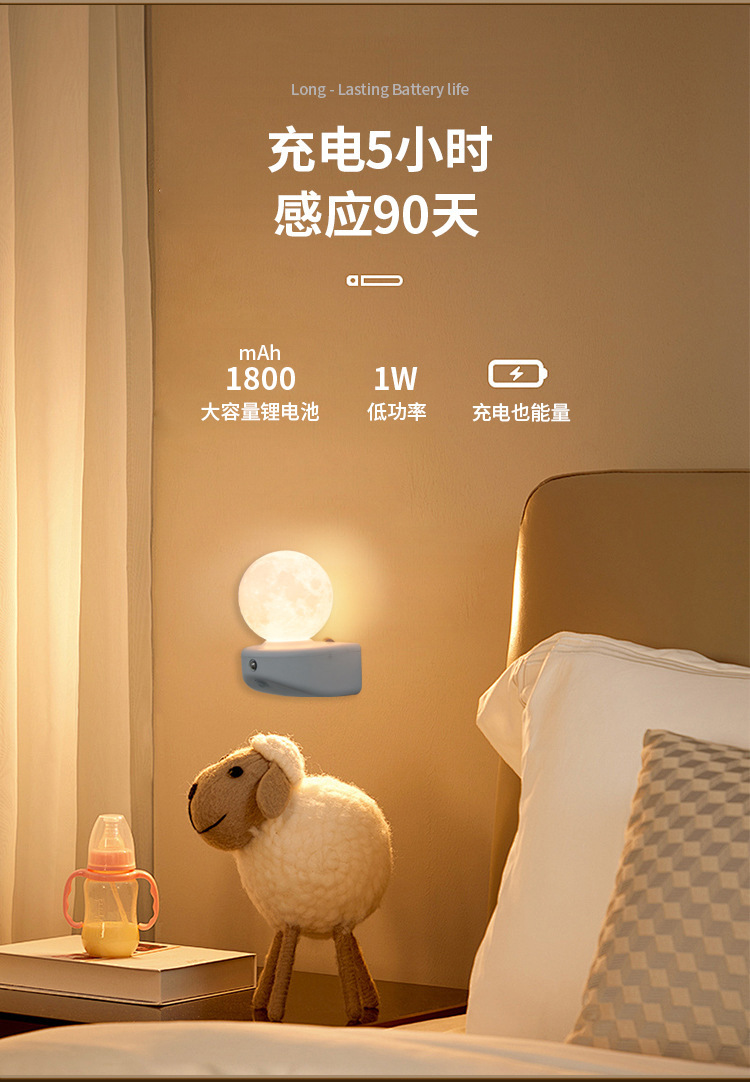跨境新品三色变光磁吸创意夜灯月球卧室氛围灯智能调光壁灯免布线