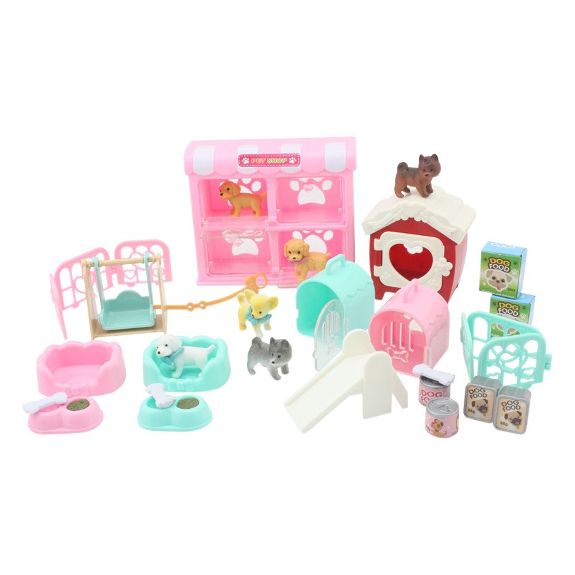 Niños transfronterizos mascotas juegos de la casa juguetes dibujos animados gato perro hámster modelo decoración dinosaurio árbol casa traje de campamento lote