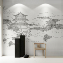✅新中式楼阁壁纸古风电视背景墙纸硬包定 制壁画饭店客餐厅装饰