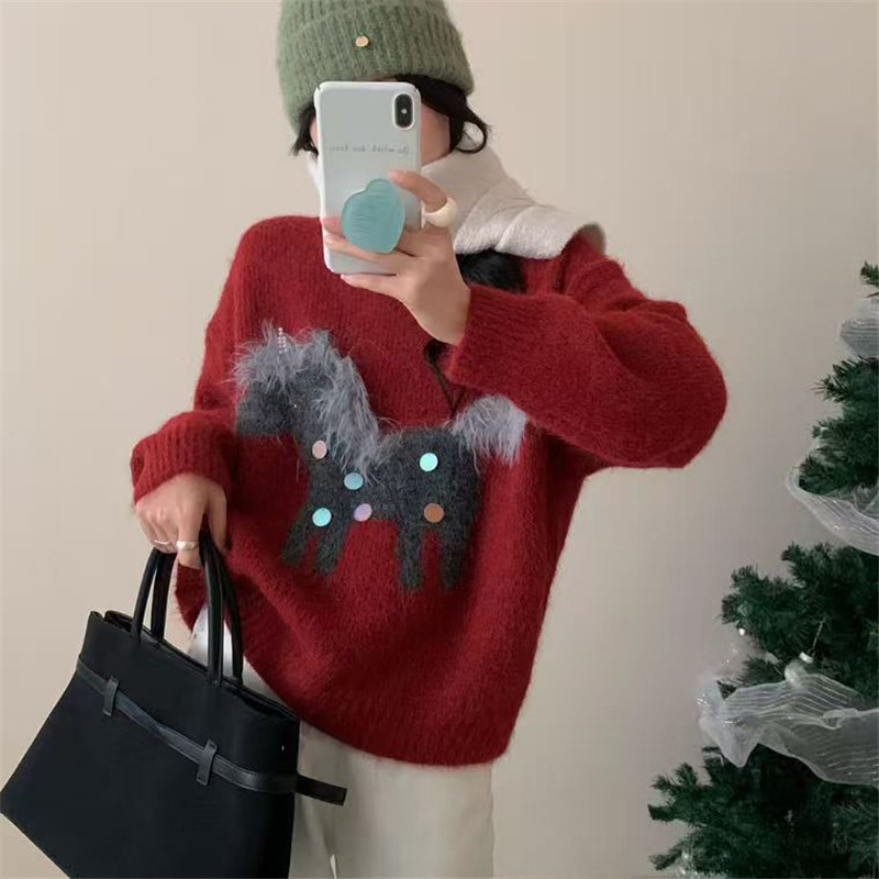 Christmas Jacquard Sequin Long-Sleeved Sweater for Women 2026 Autumn and Winter New Design Loose and Soft Round Neck Knitted Top
