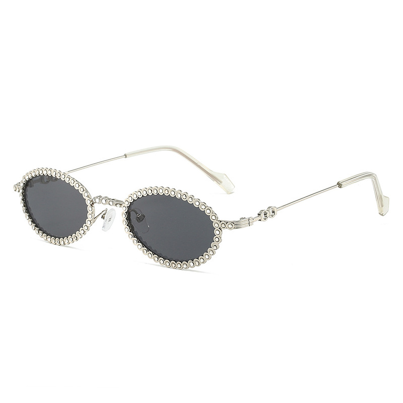Fashionable Oval Rhinestone Sunglasses Women's 90S Style Shiny Hippie Small Face Disco