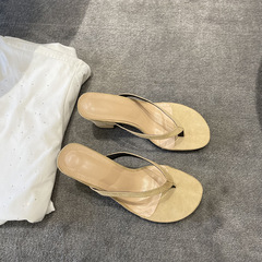 羊皮版~法式復古高級感高跟鞋夾趾涼鞋女粗跟真皮外穿涼拖鞋