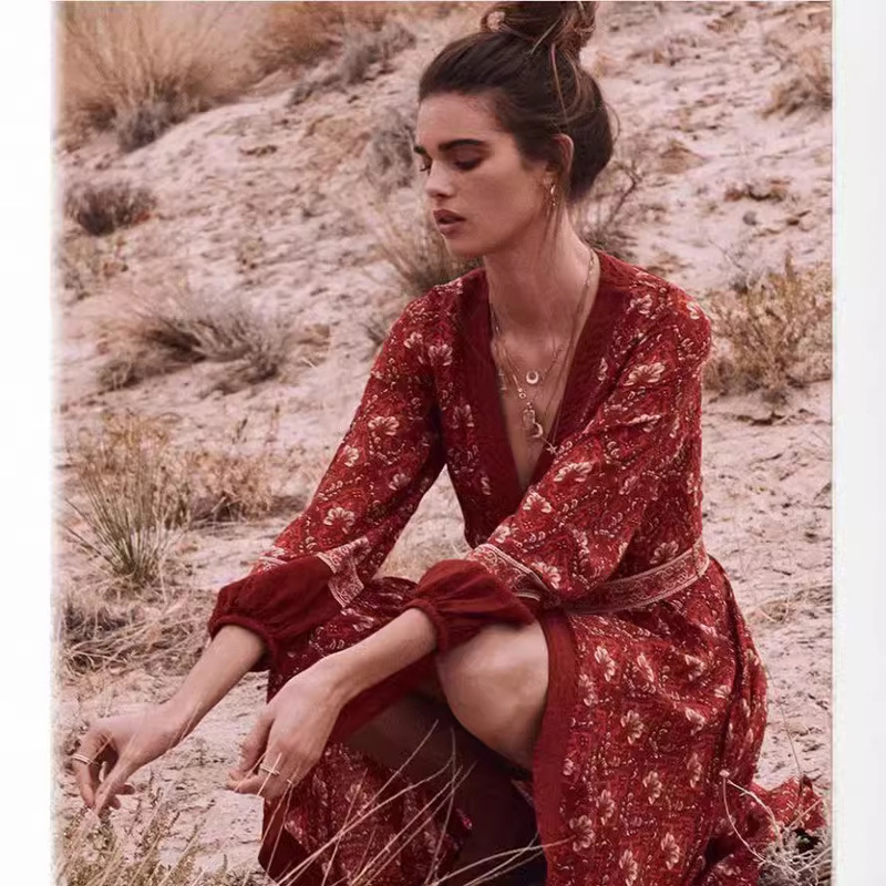 Cross-border Amazon Bohemia New European and American V-neck Irregular Retro Vacation Dress Women's dress Cross-border Amazon Bohemia New European and American V-neck Irregular Retro Vacation Dress Women's dress