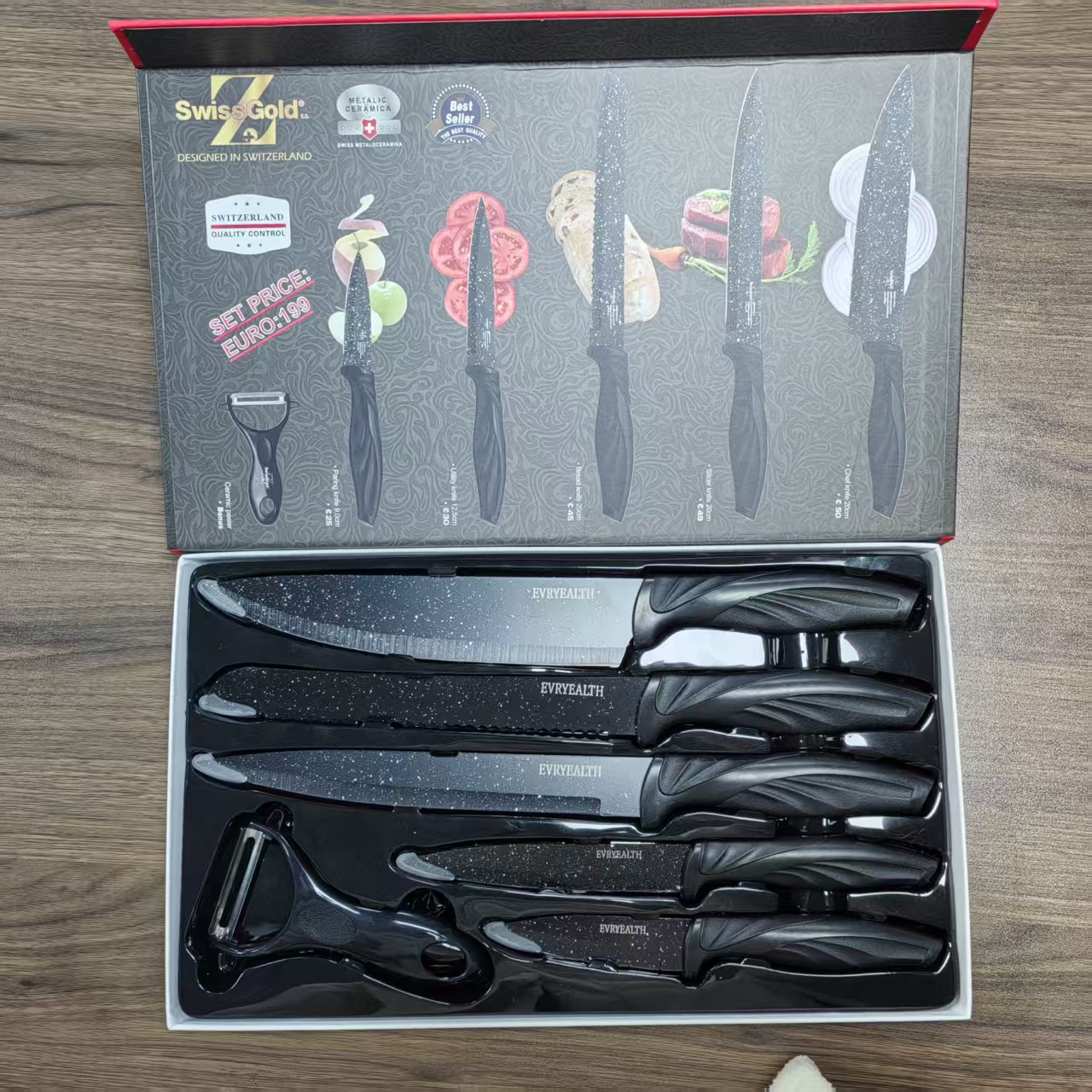 Juego de cuchillos de cocina en stock, juego multifuncional de seis piezas de acero inoxidable con mango de cola de fénix, juego de cuchillos de regalo de la fábrica de Yangjiang, estilo moderno minimalista.