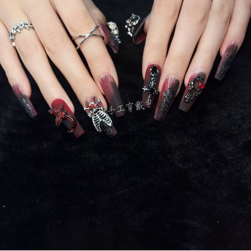 Mu Yan Handmade Manicure, Real Shot of Weird Aesthetics, Dark Style, Red and Black Smudged Skeleton Manicure, Sexy Stylish Wearable Nails