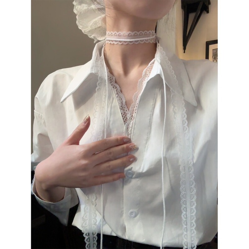 胖mm大码POLO领系带衬衫女春季蕾丝洋气宽松别致衬衣长袖外穿上衣|undefined