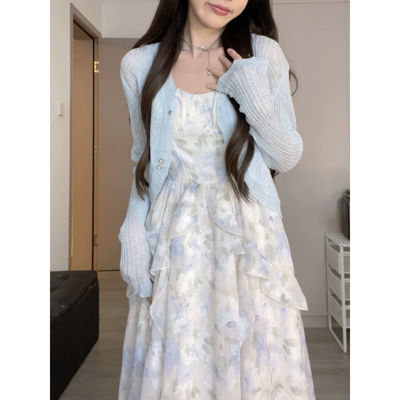 Шифоновый тонкий набор, милый кардиган, подтяжки, платье, цветочный