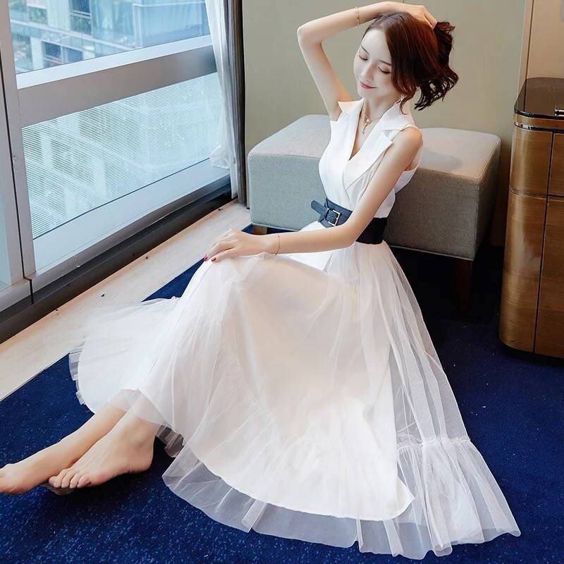 白色西装连衣裙2023新款夏裙子时尚显瘦显瘦职业气质修身白色长裙