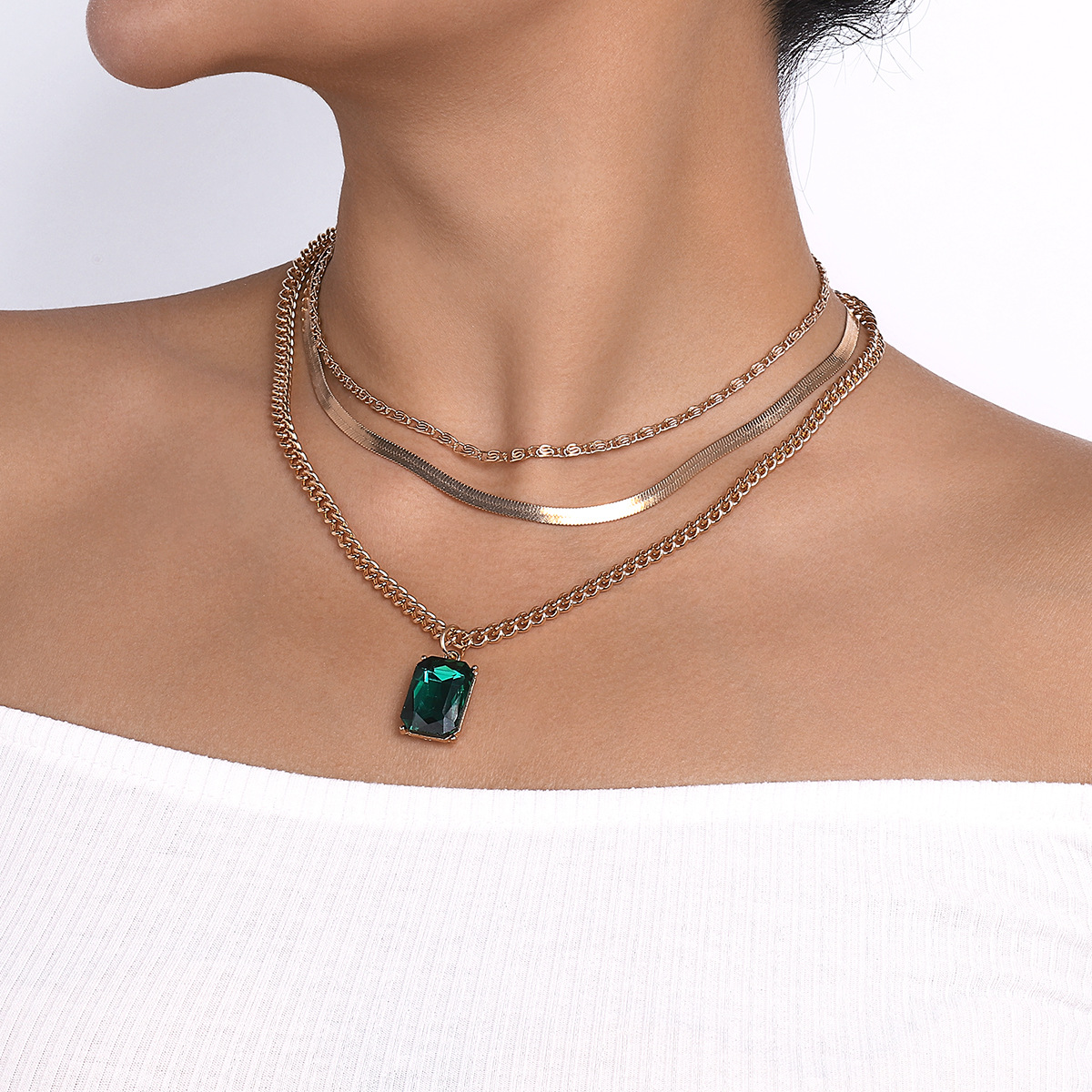 Fashion Geometric Copper Layered Necklaces Chain Artificial Rhinestones Copper Necklaces