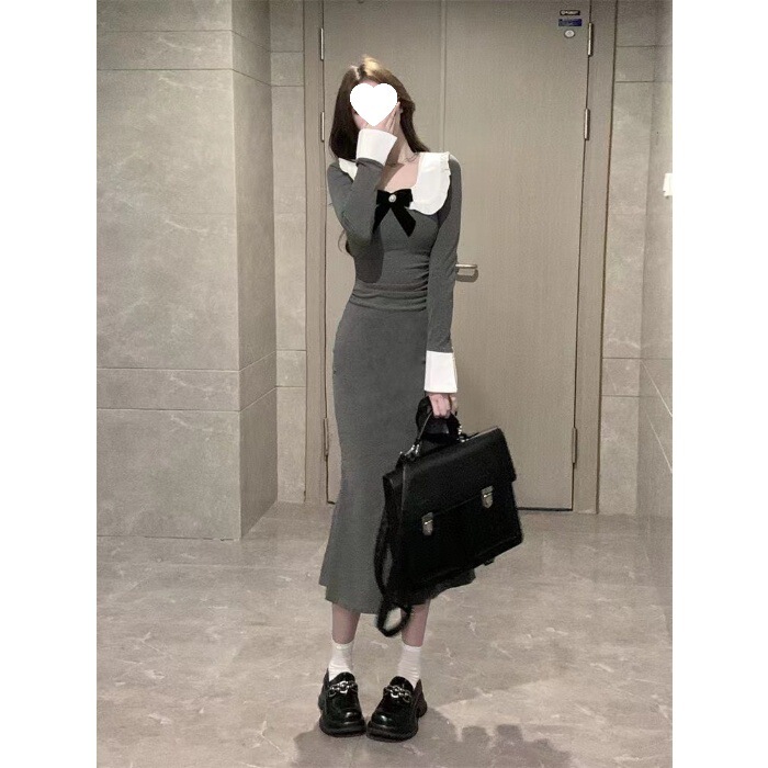 【配蝴蝶结】新款韩系娃娃领长袖修身连衣裙女显瘦包臀鱼尾长裙|undefined
