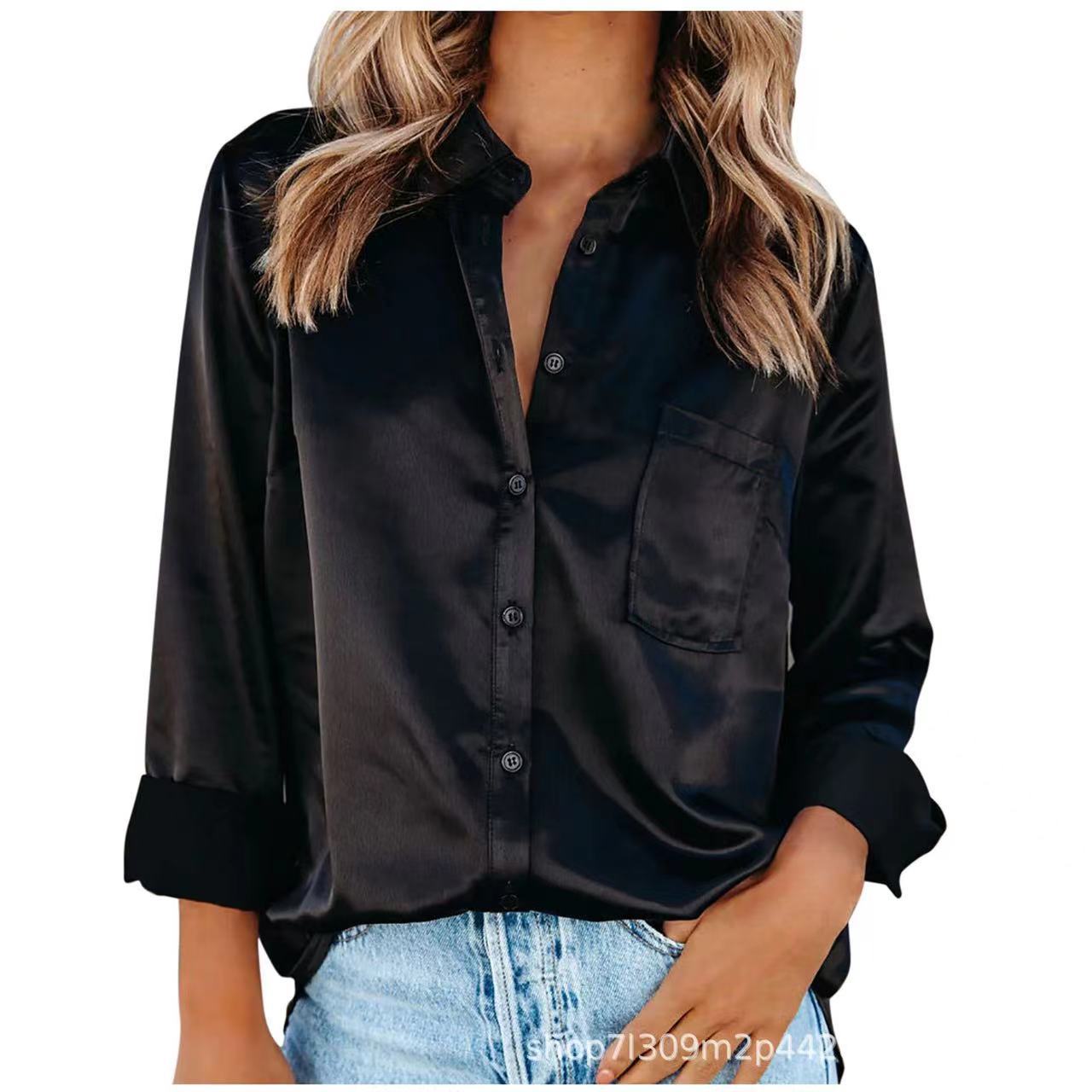 Camisa de Manga Larga con Solapa, Color Sólido, Elegante, para Primavera/Verano 2026, Estilo Europeo y Americano, Cardigan de Satén