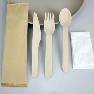 Factory supply wholesale 16cm wooden knife fork spoon suit independent packaging disposable tableware suit spoon fork