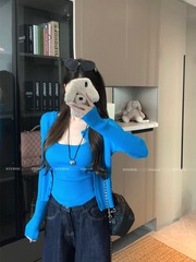 早秋穿搭套装女慵懒蓝色宽松长袖针织开衫外套吊带背心上衣两件套