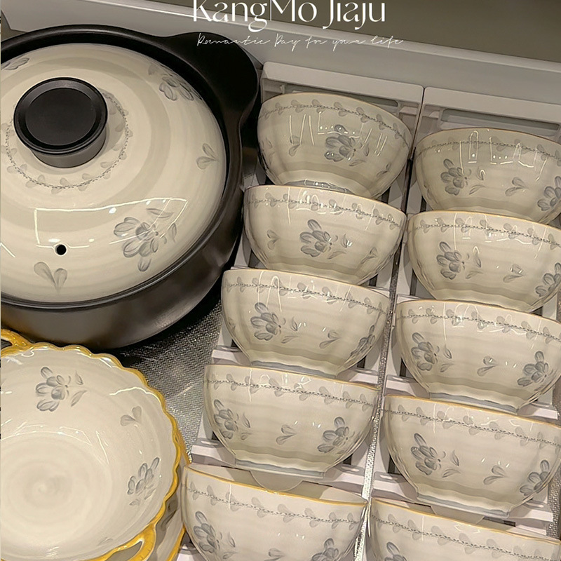 Japanese-style Ceramic Bowl Underglaze Color Plates Bowls and Dish suit Household Pastoral Tableware Rice Bowl Dish Set