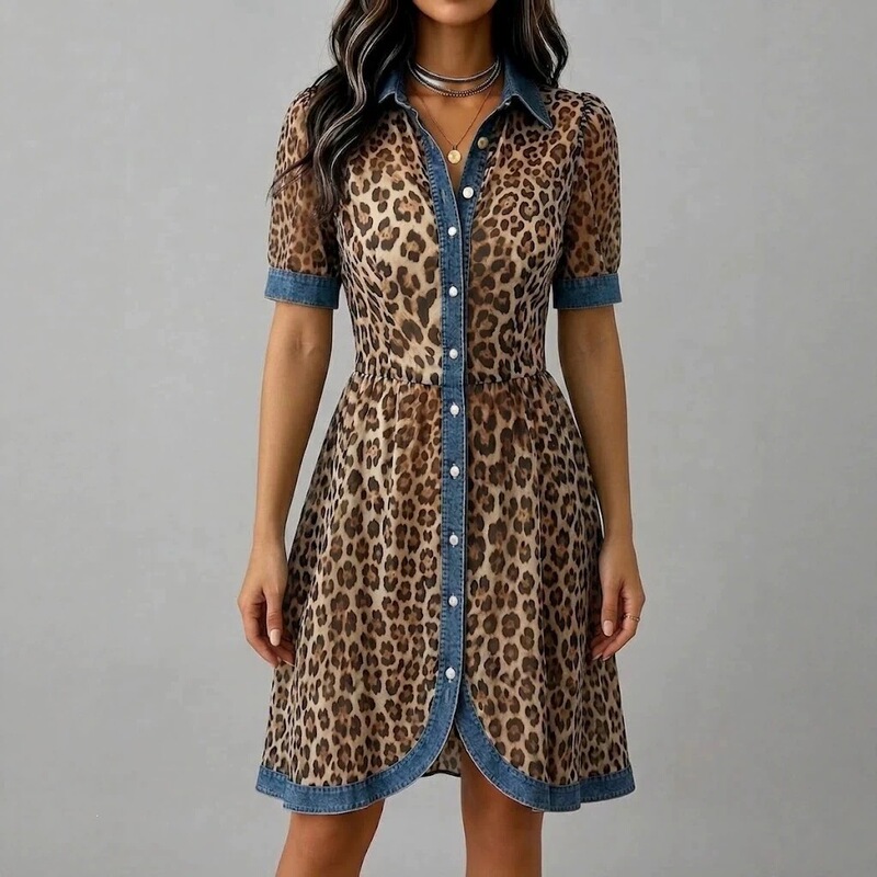 2026 New European and American Cross-Border Leopard Print Long-Sleeved Dress for Women Loose Denim Splicing A-Line Skirt