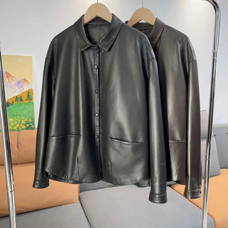 Women's Lapel Genuine Leather Jacket Top Sheepskin Leather Jacket Simple Slimming Design Fashionable Leather Jacket for Youth